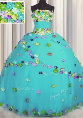 Floor Length Aqua Blue Quinceanera Gown Tulle Sleeveless Hand Made Flower