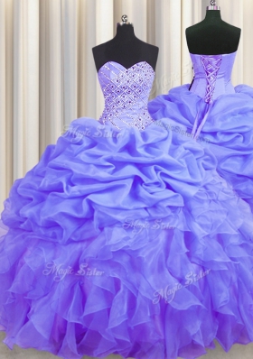 Floor Length Lace Up Sweet 16 Dress Lavender and In for Military Ball and Sweet 16 and Quinceanera with Beading and Ruffles and Pick Ups