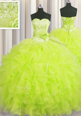 Sexy Handcrafted Flower Yellow Green Ball Gowns Sweetheart Sleeveless Organza Floor Length Lace Up Beading and Ruffles and Hand Made Flower Ball Gown Prom Dress
