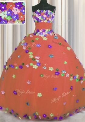 Strapless Sleeveless Tulle Sweet 16 Dress Hand Made Flower Lace Up