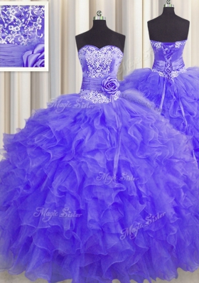 Traditional Handcrafted Flower Lavender Sleeveless Organza Lace Up Sweet 16 Dress for Military Ball and Sweet 16 and Quinceanera