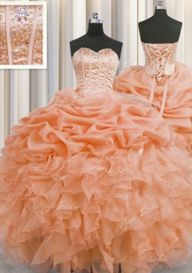 Visible Boning Floor Length Lace Up Quinceanera Dresses Orange and In for Military Ball and Sweet 16 and Quinceanera with Beading and Ruffles and Pick Ups