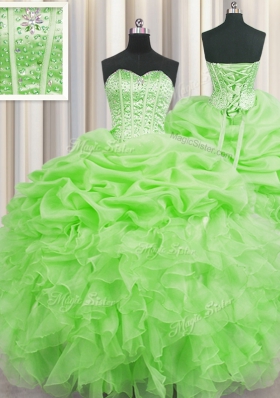 Visible Boning Sleeveless Floor Length Beading and Ruffles and Pick Ups Lace Up Quince Ball Gowns with