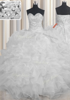 White Ball Gowns Organza Sweetheart Sleeveless Beading and Ruffles Floor Length Lace Up Quinceanera Gown