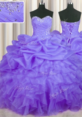 Dazzling Lavender Ball Gowns Sweetheart Sleeveless Organza Floor Length Lace Up Beading and Ruffles and Pick Ups Quinceanera Gown