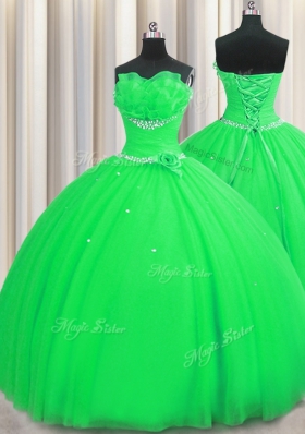 Glorious Handcrafted Flower Sleeveless Floor Length Beading and Sequins and Hand Made Flower Lace Up 15 Quinceanera Dress with Green