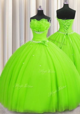 Handcrafted Flower Strapless Neckline Beading and Sequins and Hand Made Flower Vestidos de Quinceanera Sleeveless Lace Up