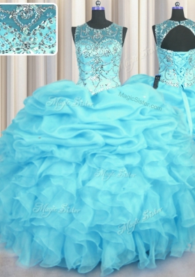 Low Price Scoop See Through Sleeveless Floor Length Beading and Ruffles and Pick Ups Lace Up Quince Ball Gowns with Aqua Blue
