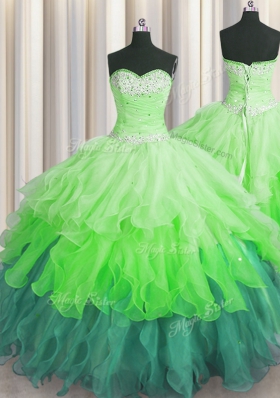 Multi-color Sweetheart Neckline Beading and Ruffles and Ruffled Layers and Sequins 15th Birthday Dress Sleeveless Lace Up