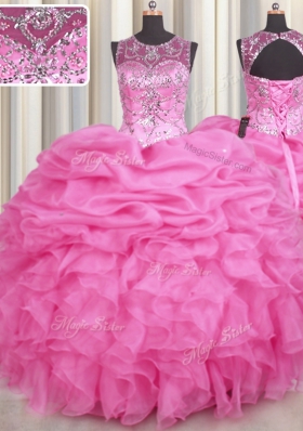 See Through Floor Length Rose Pink Ball Gown Prom Dress Scoop Sleeveless Lace Up