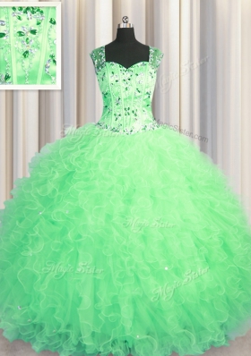 See Through Zipper Up Straps Sleeveless Sweet 16 Quinceanera Dress Floor Length Beading and Ruffles Apple Green Tulle