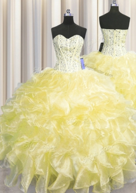 Visible Boning Zipper Up Sleeveless Organza Floor Length Zipper Vestidos de Quinceanera in Light Yellow for with Beading and Ruffles