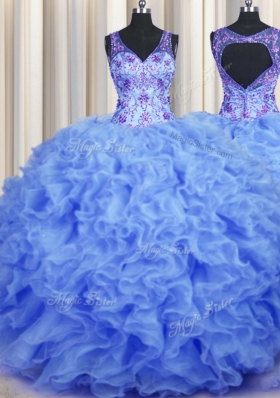 Captivating V Neck Blue Sleeveless Beading and Appliques and Ruffles Floor Length Vestidos de Quinceanera
