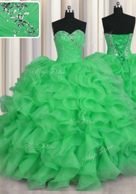 Comfortable Sleeveless Floor Length Beading and Ruffles Lace Up Sweet 16 Dresses with Green