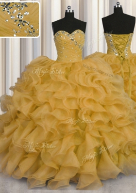 Custom Fit Gold Ball Gowns Sweetheart Sleeveless Organza Floor Length Lace Up Beading and Ruffles 15th Birthday Dress