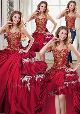 Designer Four Piece Beading and Appliques and Pick Ups Quinceanera Gowns Wine Red Lace Up Sleeveless Floor Length