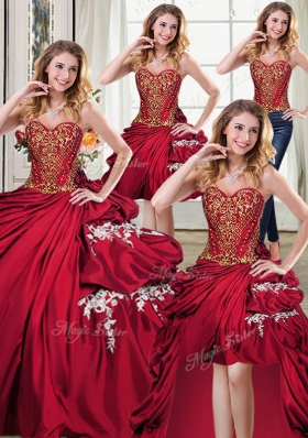 Designer Four Piece Beading and Appliques and Pick Ups Quinceanera Gowns Wine Red Lace Up Sleeveless Floor Length