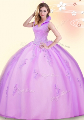 Fantastic Backless Tulle Sleeveless Floor Length Quince Ball Gowns and Beading and Appliques