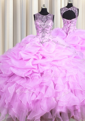 Perfect Scoop See Through Sleeveless Lace Up Floor Length Beading and Ruffles and Pick Ups Sweet 16 Dress