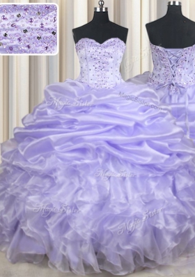 Pretty Lavender Sleeveless Floor Length Beading and Ruffles and Pick Ups Lace Up Quinceanera Dresses