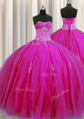 Really Puffy Floor Length Ball Gowns Sleeveless Fuchsia Quinceanera Gowns Lace Up