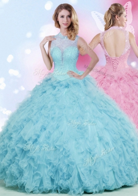 Sleeveless Tulle Floor Length Lace Up Quinceanera Dress in Baby Blue for with Beading and Ruffles