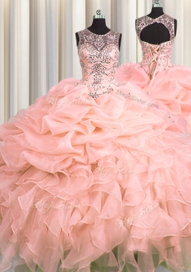 Sweet Scoop See Through Sleeveless Beading and Ruffles and Pick Ups Lace Up Ball Gown Prom Dress