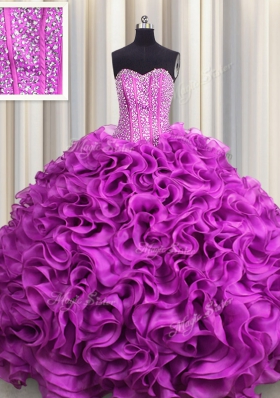 Amazing Visible Boning Floor Length Fuchsia Vestidos de Quinceanera Organza Sleeveless Beading and Ruffles