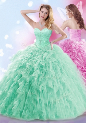 Apple Green Sweetheart Lace Up Beading and Ruffles Sweet 16 Dress Brush Train Sleeveless