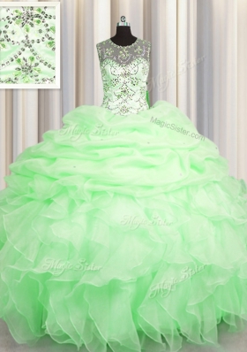 Attractive See Through Organza Lace Up Scoop Sleeveless Floor Length Quinceanera Gowns Beading and Ruffles and Pick Ups