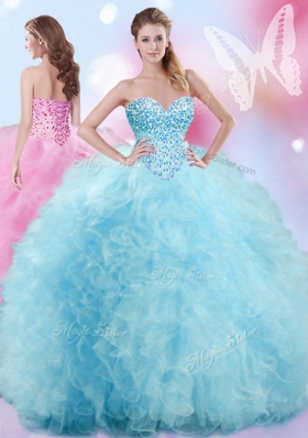 Baby Blue Lace Up Quinceanera Dress Beading and Ruffles Sleeveless Floor Length