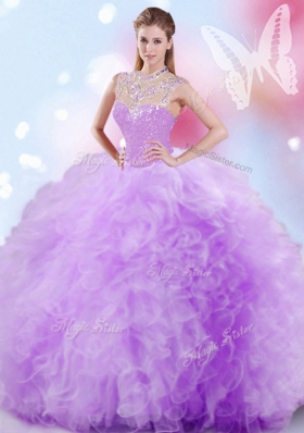 Custom Design High-neck Sleeveless Ball Gown Prom Dress Floor Length Beading and Ruffles and Sequins Lavender Tulle