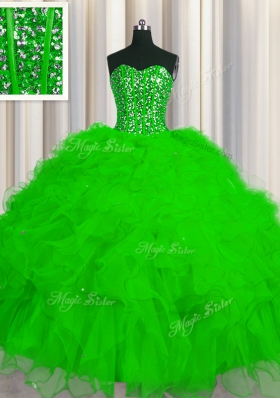 Deluxe Visible Boning Ball Gowns Beading and Ruffles and Sequins Quince Ball Gowns Lace Up Tulle Sleeveless Floor Length