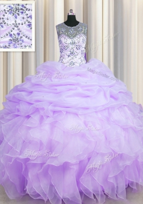 Scoop See Through Floor Length Lavender Sweet 16 Quinceanera Dress Organza Sleeveless Beading and Ruffles and Pick Ups