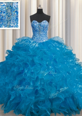 See Through Teal Lace Up Sweetheart Beading and Ruffles Sweet 16 Quinceanera Dress Organza Sleeveless