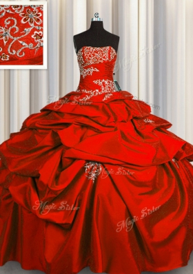 Taffeta Strapless Sleeveless Lace Up Appliques and Pick Ups 15 Quinceanera Dress in Red