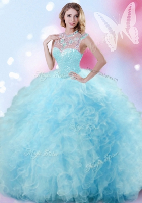 Trendy Light Blue Ball Gowns Tulle High-neck Sleeveless Beading and Ruffles and Pick Ups Floor Length Zipper Sweet 16 Dress