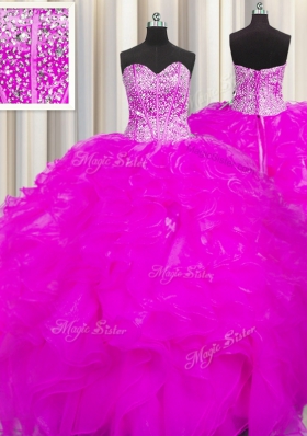 Visible Boning Beaded Bodice Fuchsia Lace Up Sweetheart Beading and Ruffles Quinceanera Dresses Organza Sleeveless