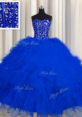 Visible Boning Beading and Ruffles and Sequins Quinceanera Dresses Royal Blue Lace Up Sleeveless Floor Length