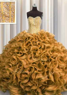 Visible Boning Gold Sleeveless Organza Lace Up Quinceanera Gowns for Military Ball and Sweet 16 and Quinceanera