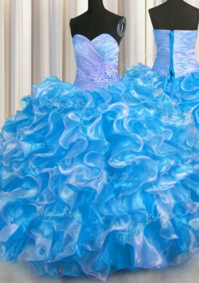 Affordable Floor Length Lace Up Quinceanera Dresses Blue And White and In for Military Ball and Sweet 16 and Quinceanera with Beading and Ruffles