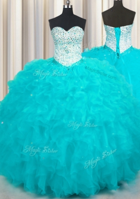 Aqua Blue Sweetheart Neckline Beading and Ruffles 15 Quinceanera Dress Sleeveless Lace Up
