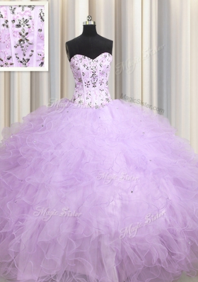 Flare Visible Boning Lavender Sweetheart Lace Up Beading and Appliques and Ruffles Sweet 16 Quinceanera Dress Sleeveless