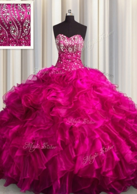 Fuchsia Sleeveless Organza Brush Train Lace Up Sweet 16 Quinceanera Dress for Military Ball and Sweet 16 and Quinceanera