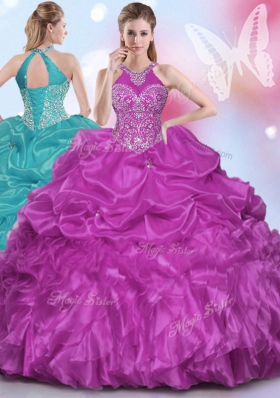 Most Popular Halter Top Sleeveless Floor Length Appliques and Pick Ups Lace Up Sweet 16 Dress with Fuchsia