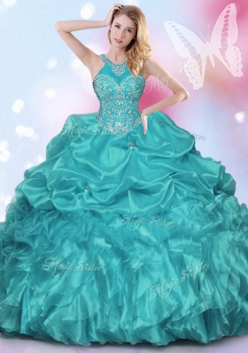 Smart Teal Ball Gowns Halter Top Sleeveless Organza and Taffeta Floor Length Lace Up Appliques and Ruffles and Pick Ups Ball Gown Prom Dress