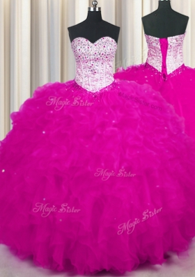 Spectacular Sweetheart Sleeveless Lace Up Quinceanera Gown Fuchsia Tulle