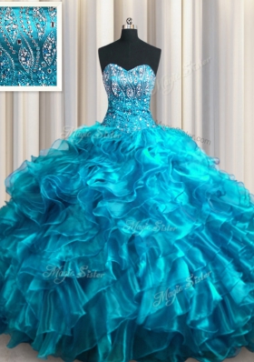 With Train Lace Up Quince Ball Gowns Teal and In for Military Ball and Sweet 16 and Quinceanera with Beading and Ruffles Brush Train