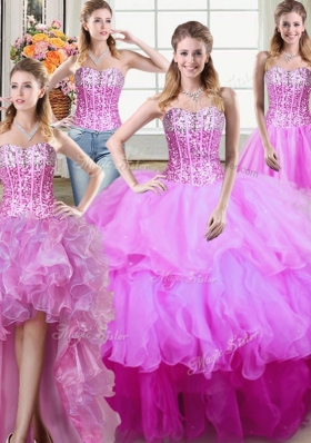 Custom Made Four Piece Multi-color Sleeveless Ruffles and Sequins Floor Length Quince Ball Gowns