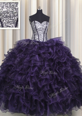 Cute Visible Boning Purple Ball Gowns Sweetheart Sleeveless Organza and Sequined Floor Length Lace Up Ruffles and Sequins Ball Gown Prom Dress